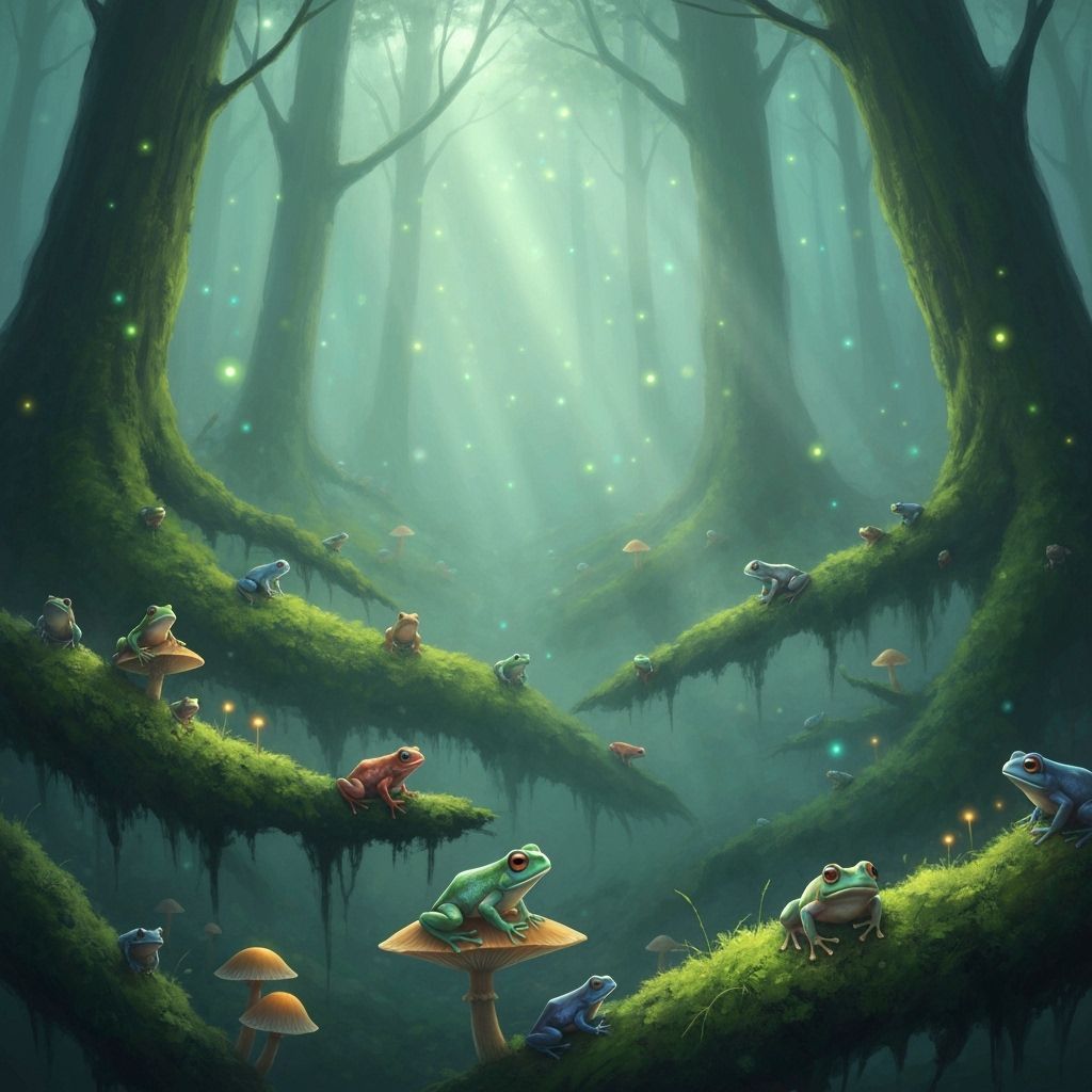 Mystical Foggy Forest with Colorful Frogs