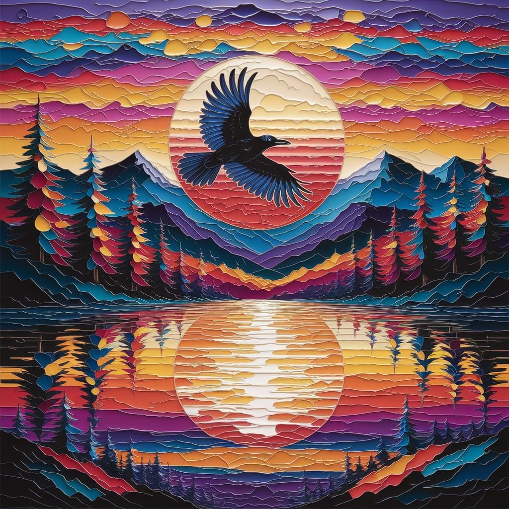Raven Takes Flight in Vibrant Sunset Landscape
