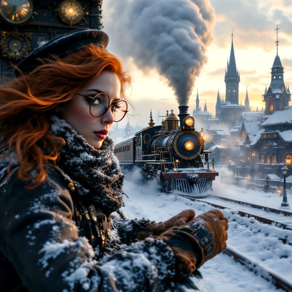 Steampunk Conductor Drives Train in Winter Wonderland