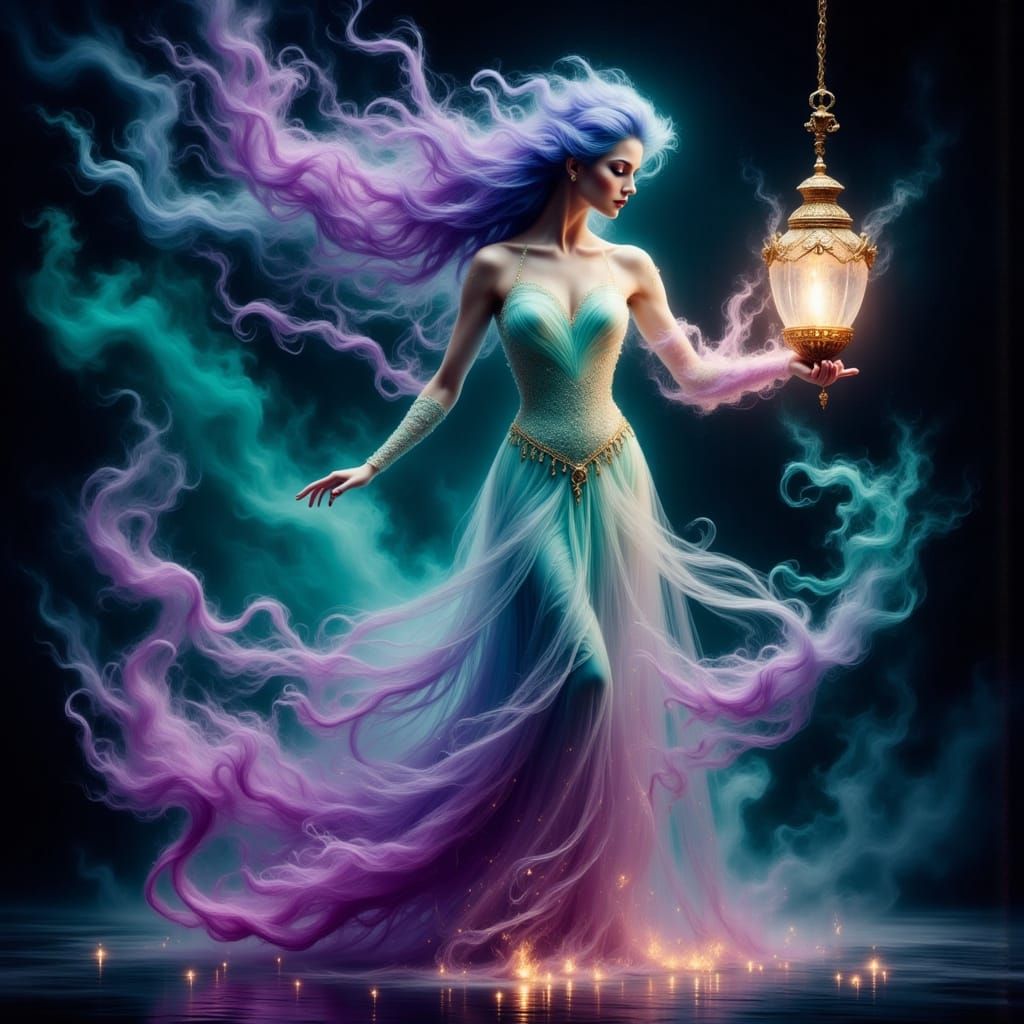 Surreal Fairy Lights Painting of a Djinn Handing Off a Baby