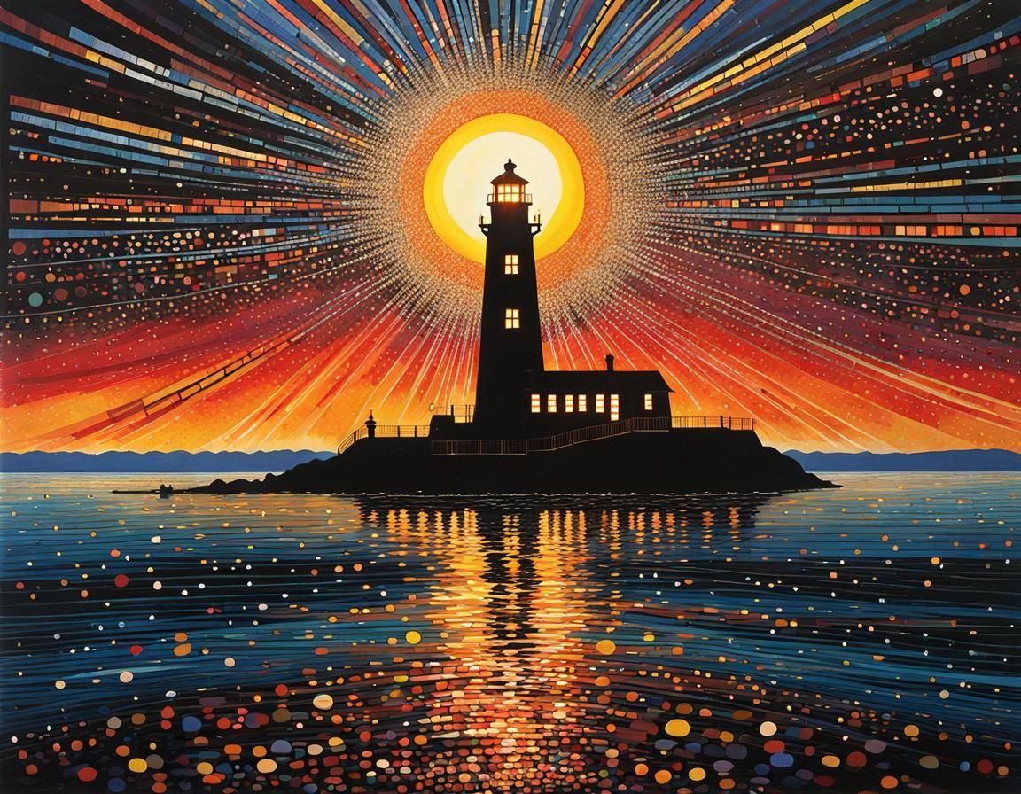 Lighthouse Sunset in Abstract Expressionist Style