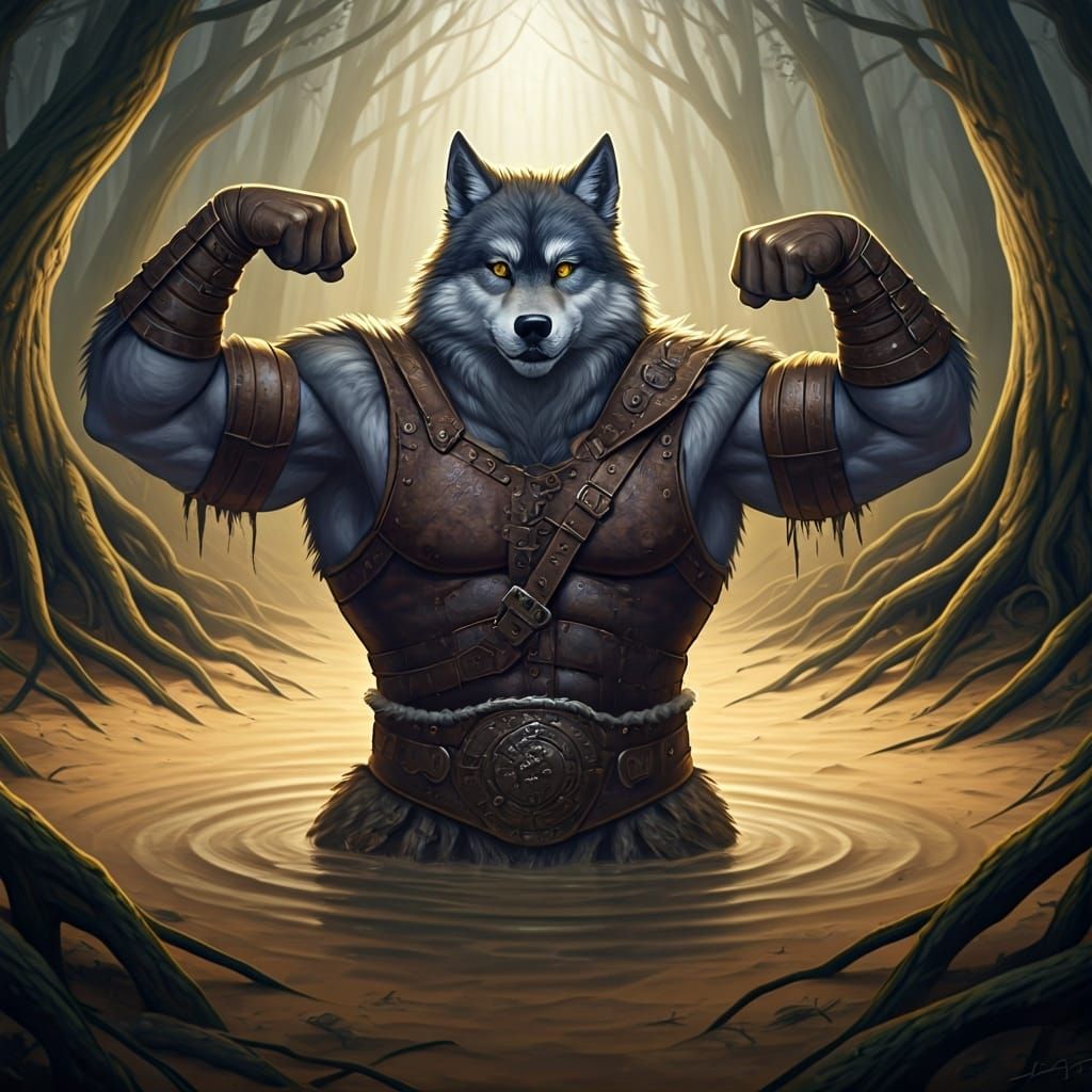 Wolfman Warrior Flexing in Quicksand, Dark Fantasy Art