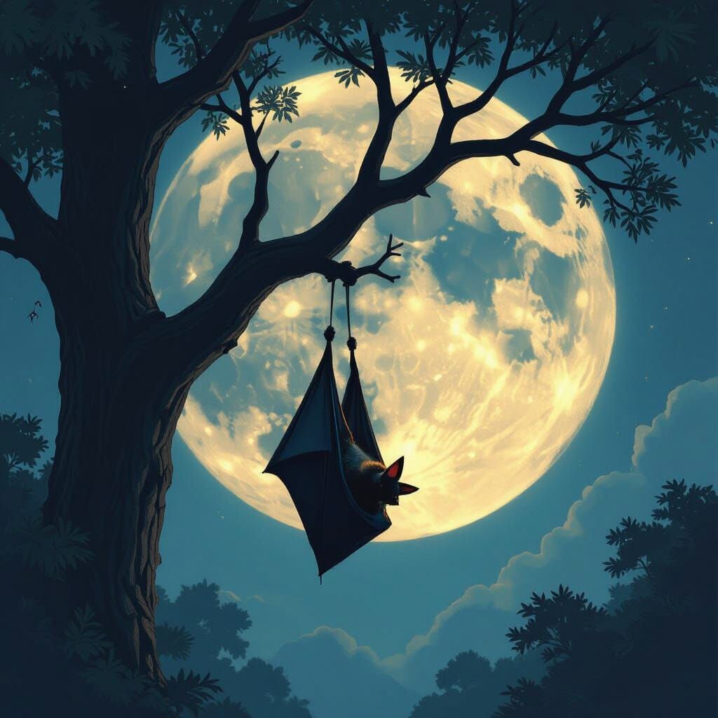 Bat Silhouetted Against Moonlit Sky: Matte Painting