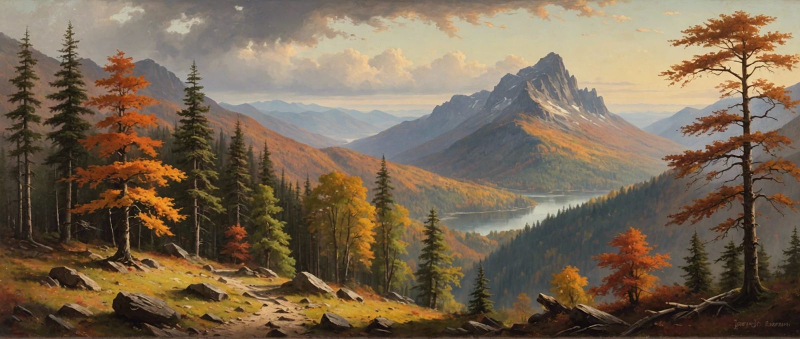 Autumn Mountaintop Forest in Rustic Oil Painting Style