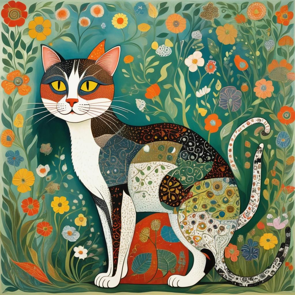 Whimsical Cat Folk Art Illustration