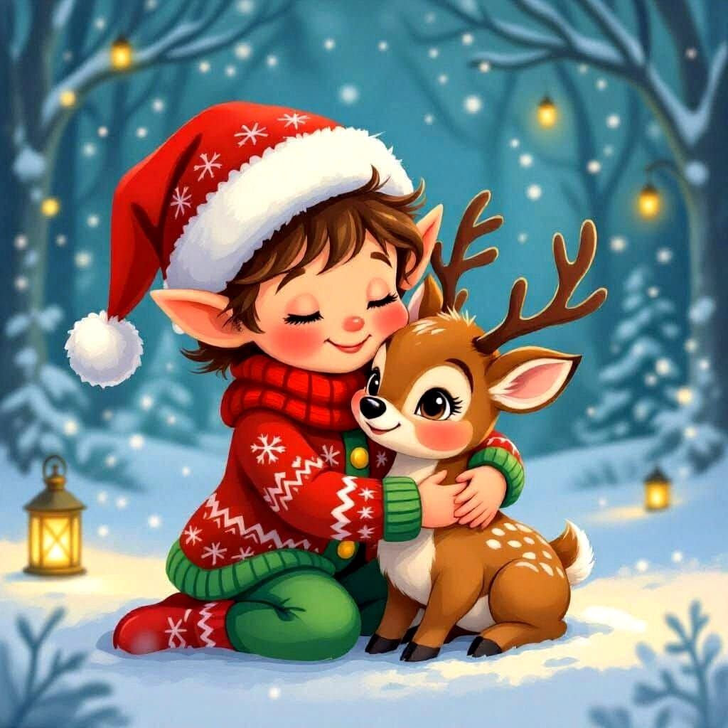 Christmas Elf Hugs Baby Reindeer in Festive Cardigan