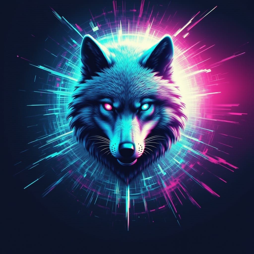 Galactic Wolf With Glowing Eyes in Glitchcore Style