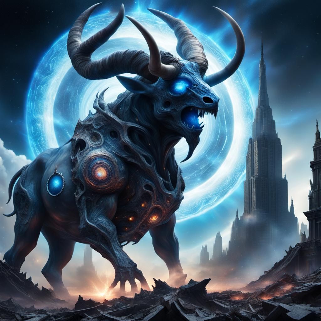 Cosmic Armored Entity with Cityscape in Surreal Collision