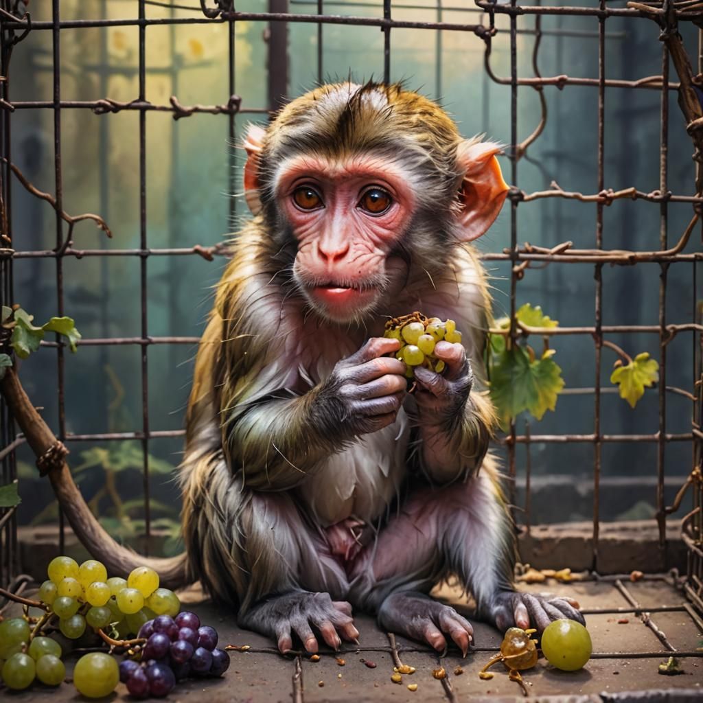 Sad Monkey Eats Grape: Hyperrealistic Concept Art