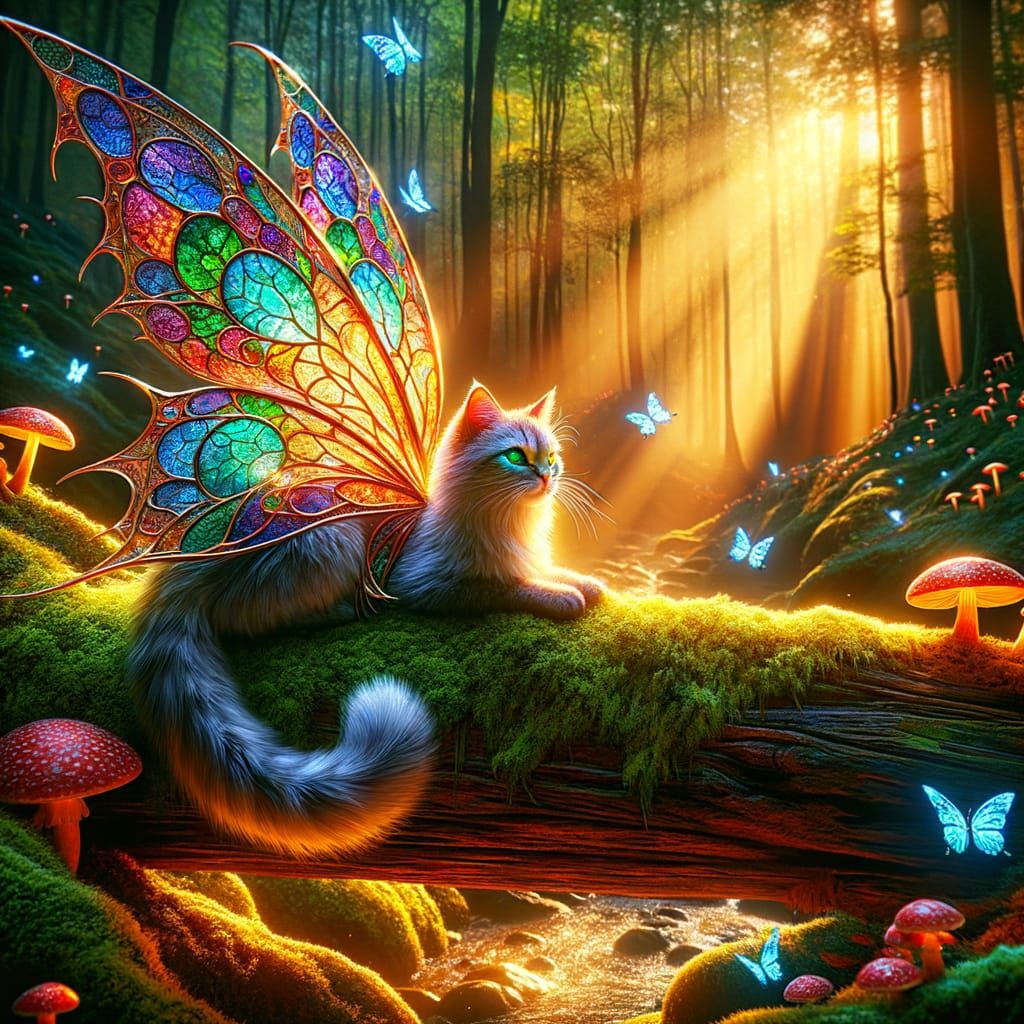 Cat Fairy with Stained Glass Wings in Enchanted Forest