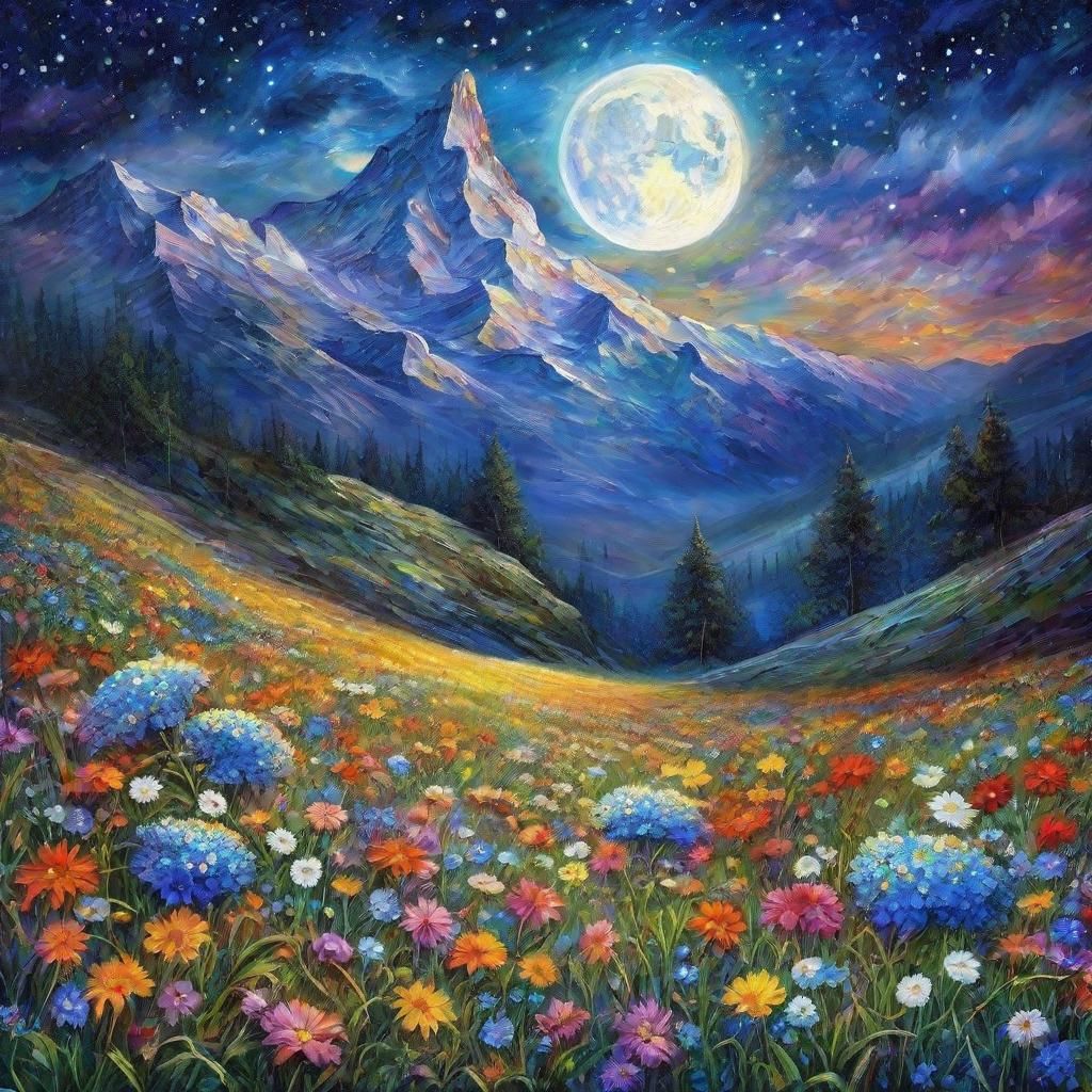 Moonlit Mountain Flower Field, Fantastical Realism