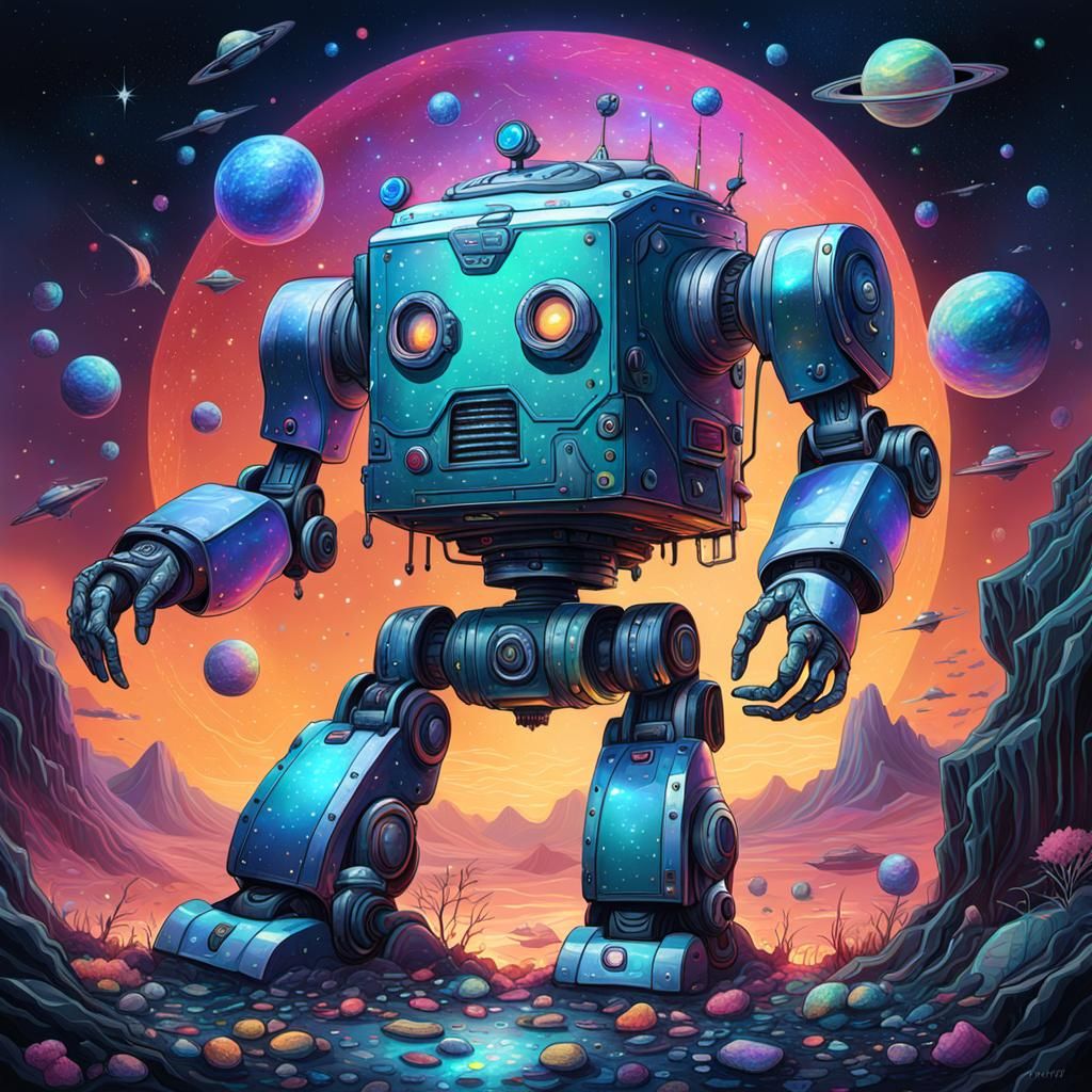 Holographic Garbage Robot in Cosmic Astral Style