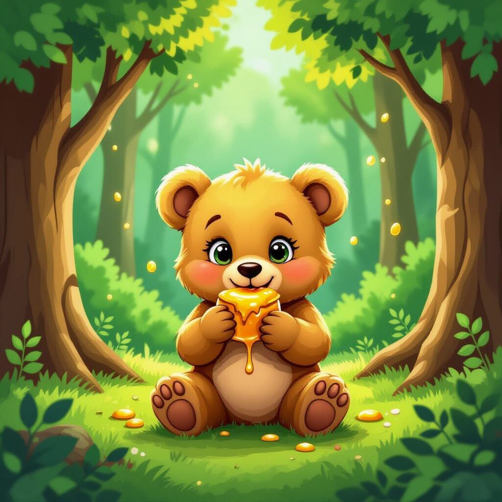 Golden Bear Cub in Enchanted Forest Illustration