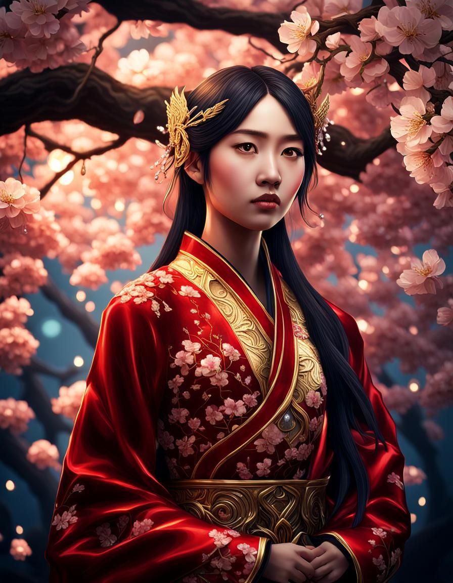 Dark Angel with Cherry Blossoms: Hyperrealistic Portrait