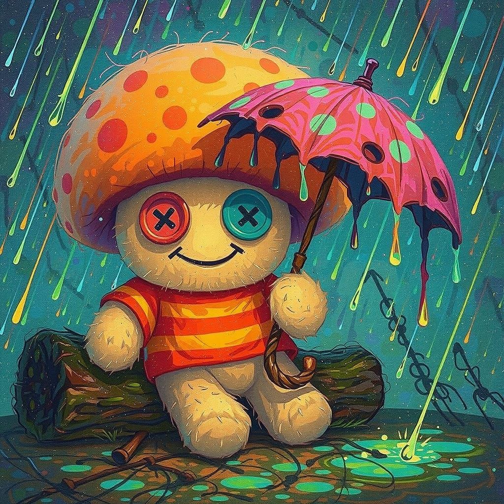 Mushroom Plush Toy in Acid Rain, Whimsical Digital Art
