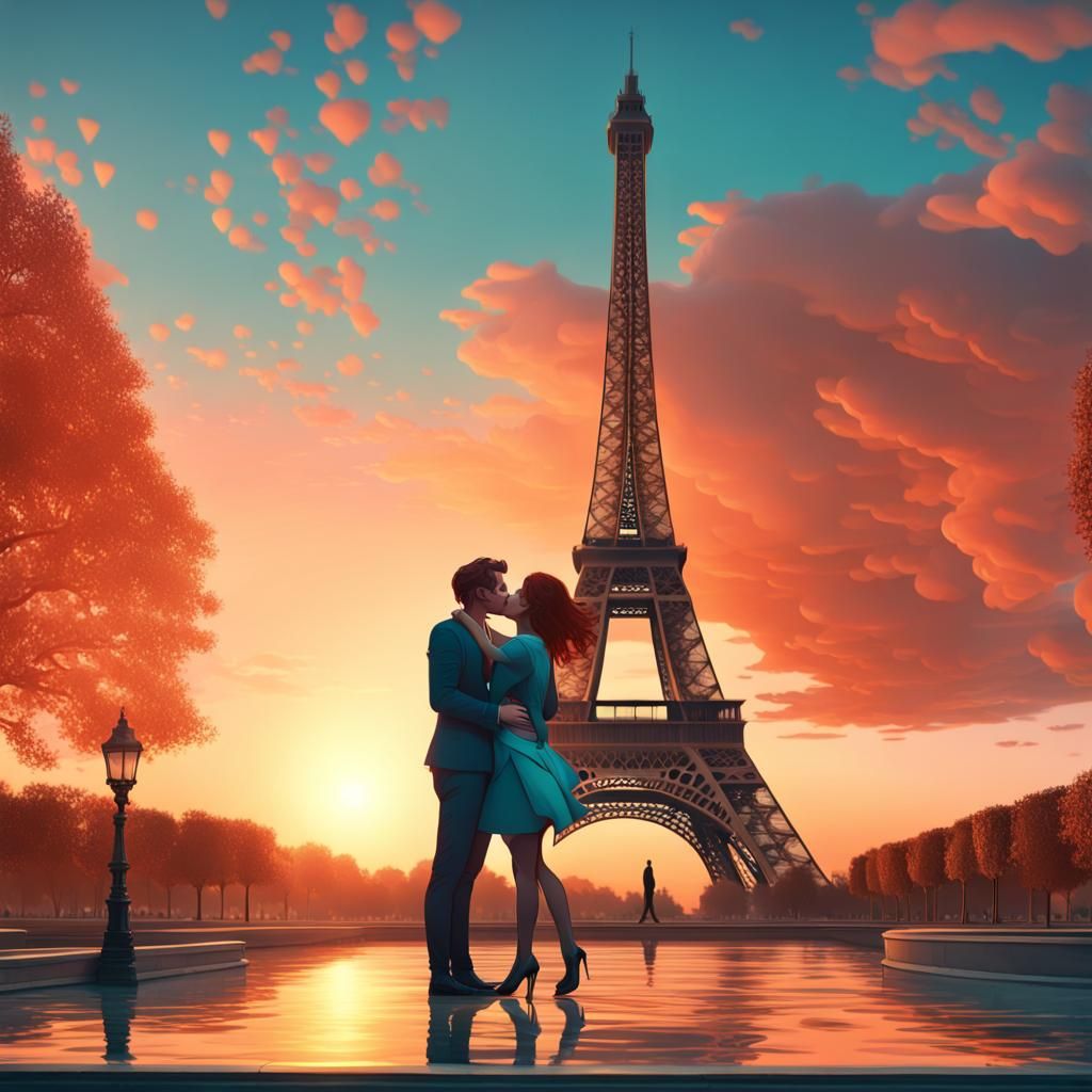 Eiffel Tower Sunset Kiss in Hyperdetailed Style