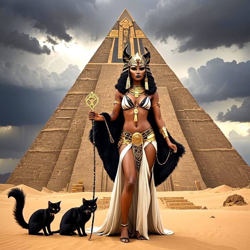 Cat-Headed Goddess Bast in Art Deco Pyramid Scene