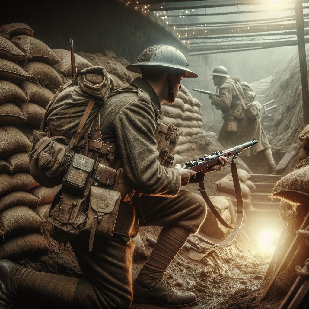 British Soldier in World War 1 Trench: Cinematic Film Still
