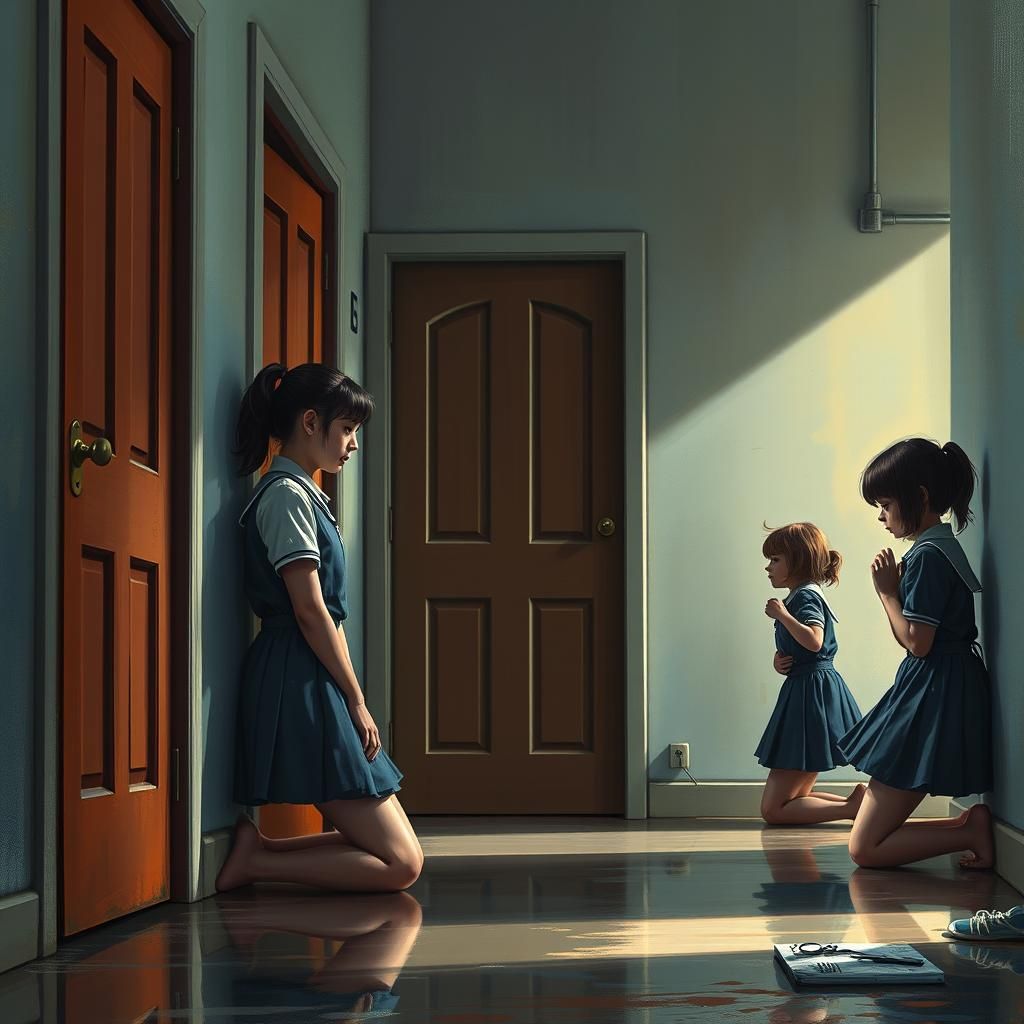 Boarding School Girls Kneeling in Hyperrealistic Style