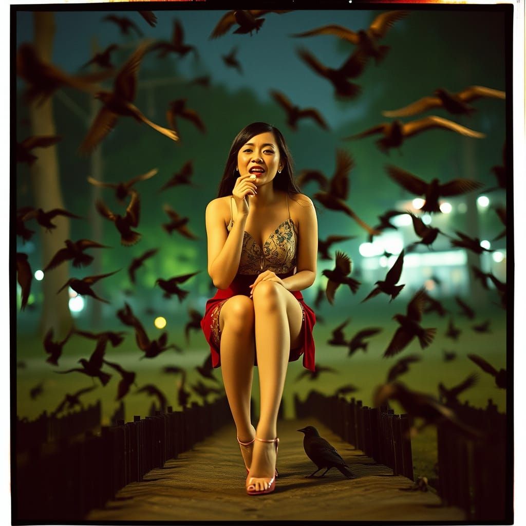Cinematic Asian Woman Eating Banana with Film Grain