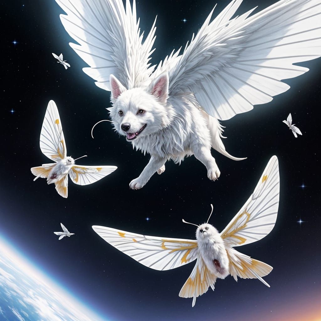 Dog with Moth Wings Flying in Space: Anime Art