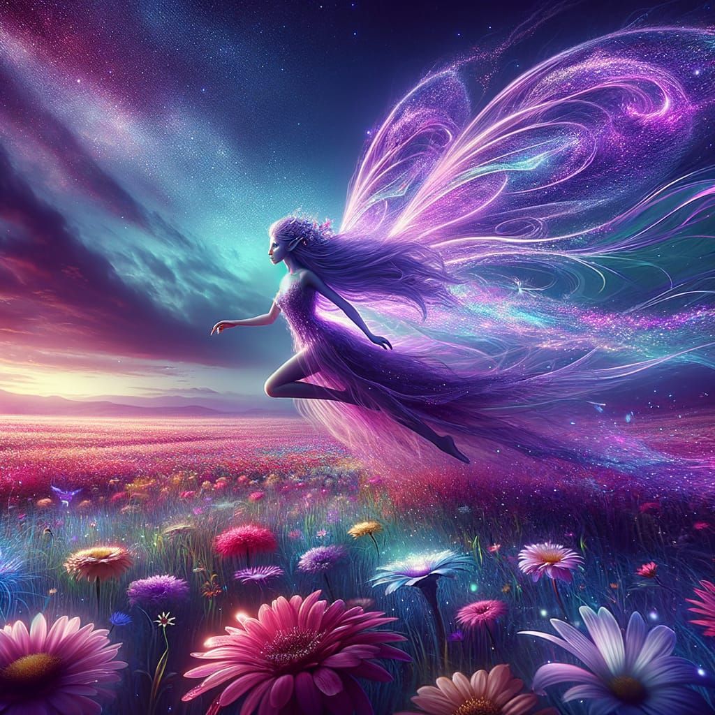 Mystical Purple and Pink Fairy Over a Flower Field