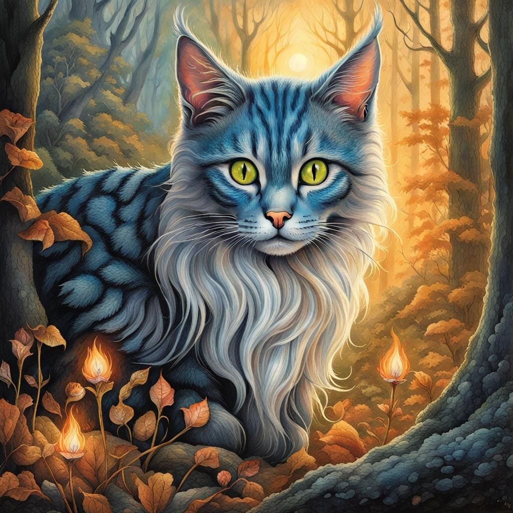 Elven Cat Casting Spells in Wilderness