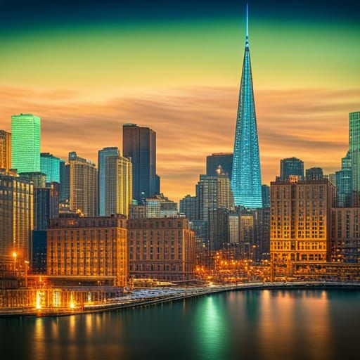 Bridgeview Illuminated NYC Skyline in Psychedelic Photoreali...