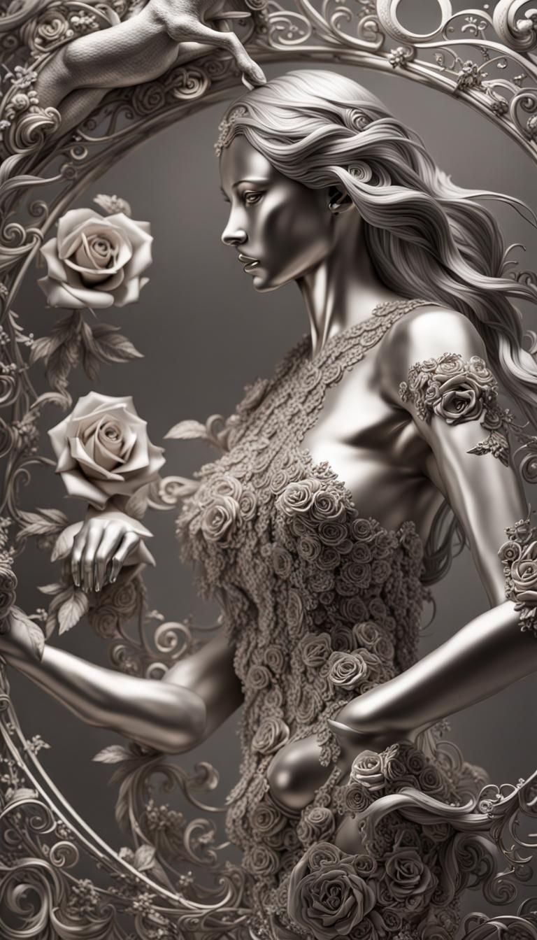 Harmonious Metal Sculpture of Woman, Horse, and Rose