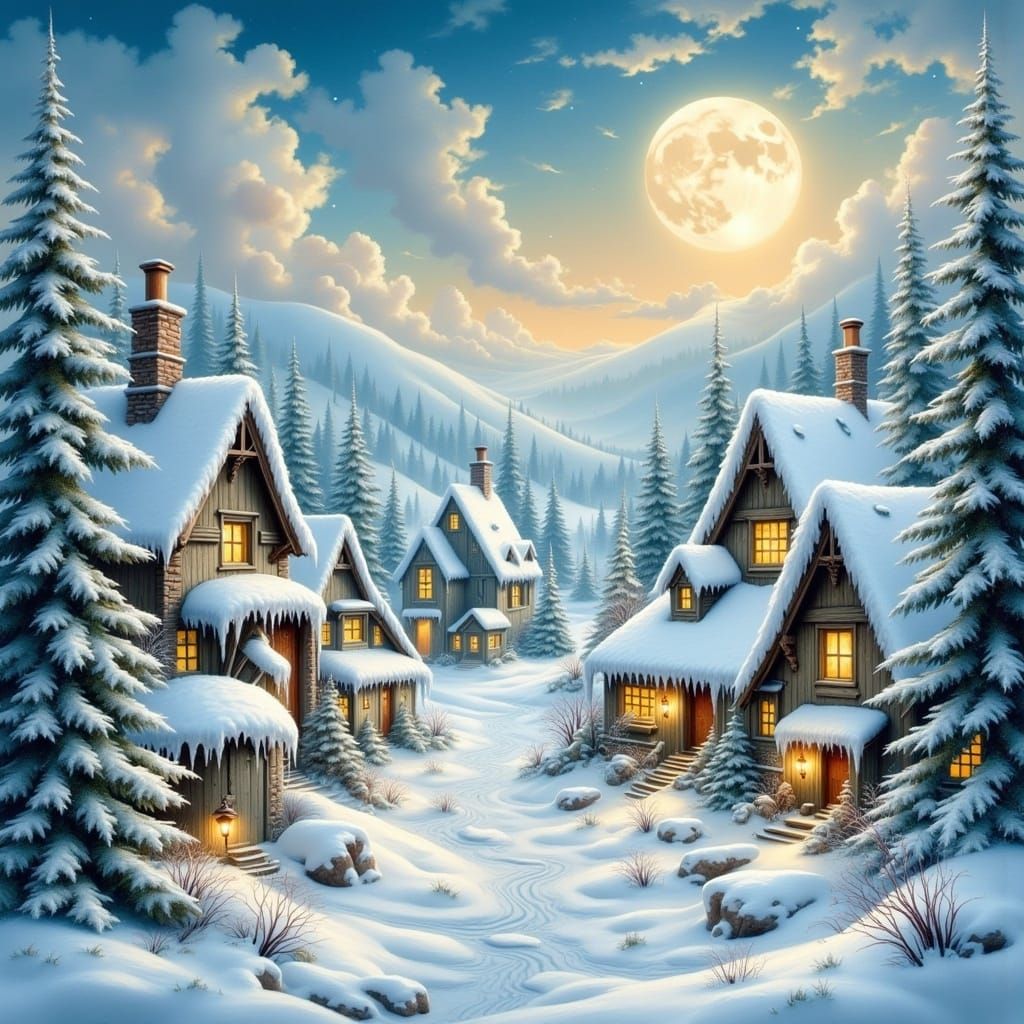 Winter Village Dreamscape in Rackham Style