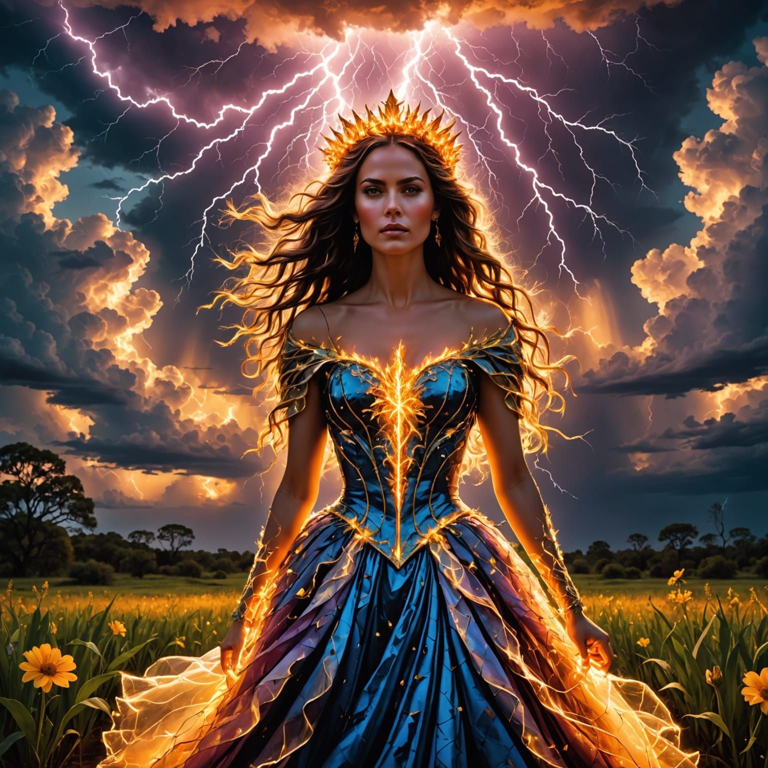 Storm Empress in Bioluminescent Field, Art Nouveau Style