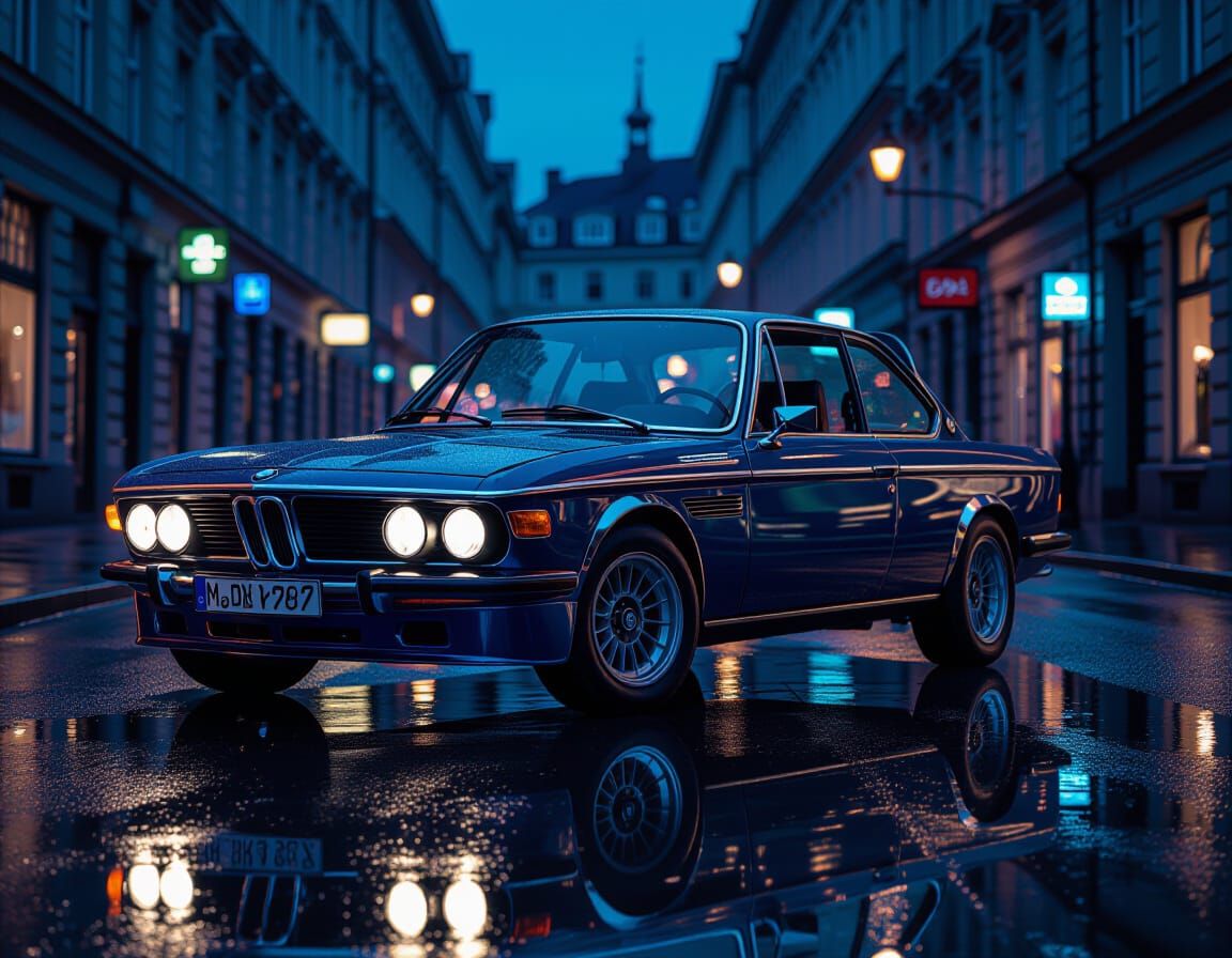 1972 BMW CSL on Rainy Berlin Street at Dusk