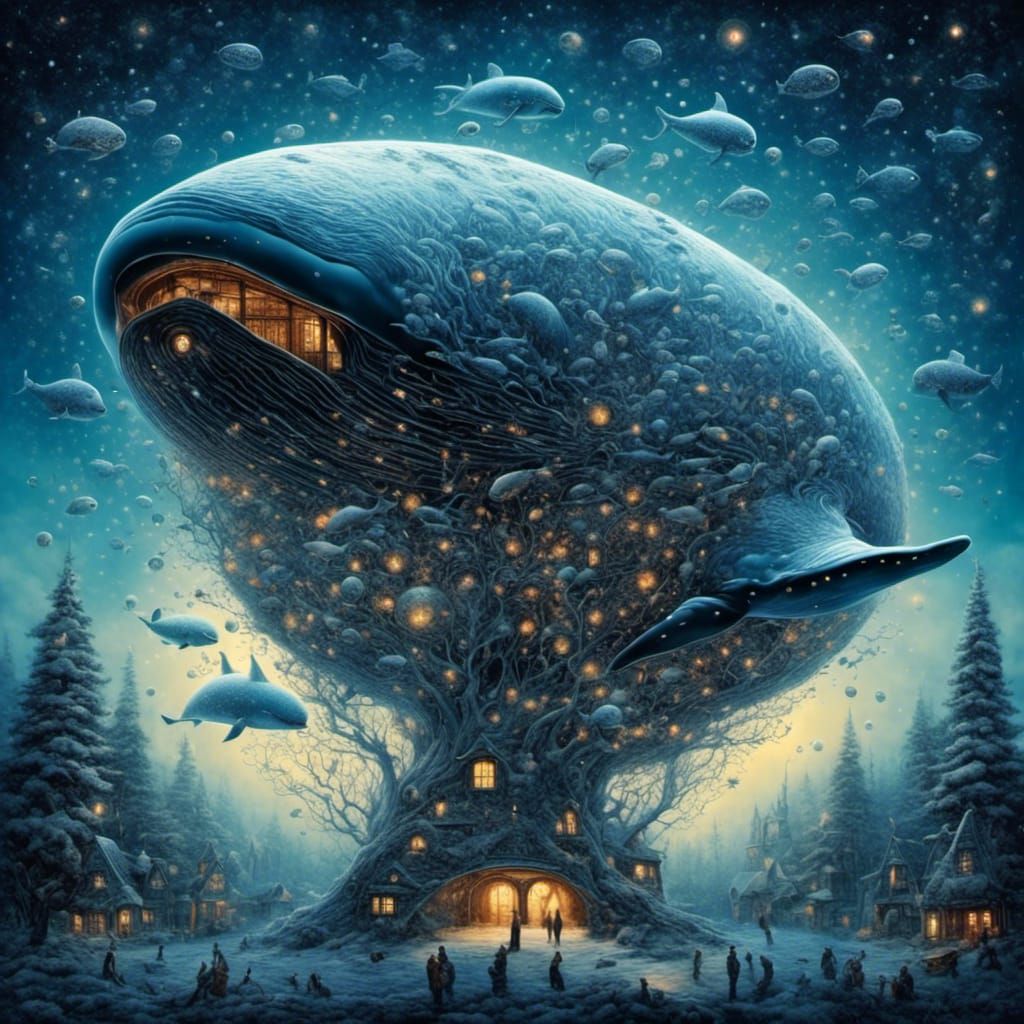 Surreal Star Whale Imprisoned in Winter Tree