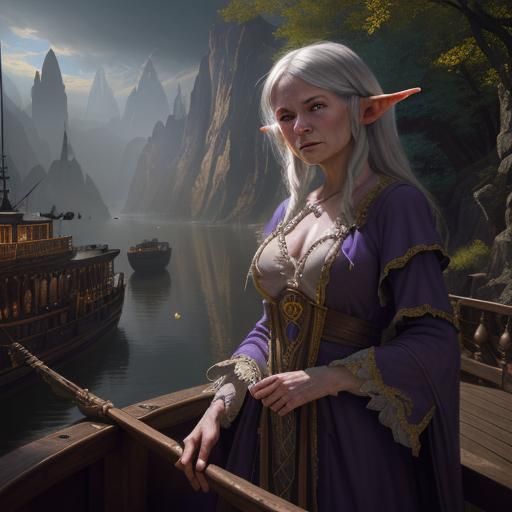 Elf Priestess on Riverboat: Dark Fantasy Concept Art
