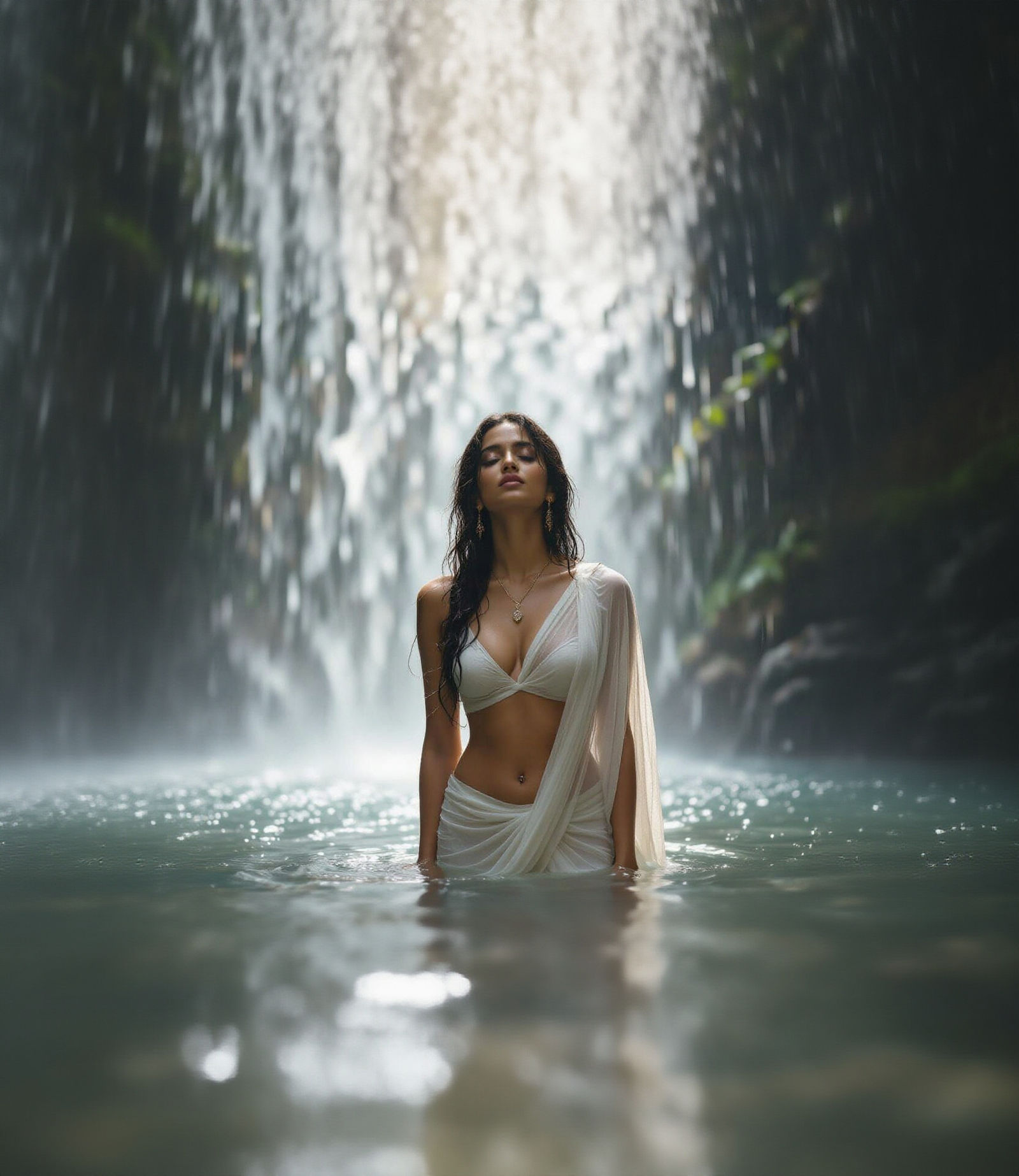 Young Woman in Saree Under Waterfall, Cinematic Style