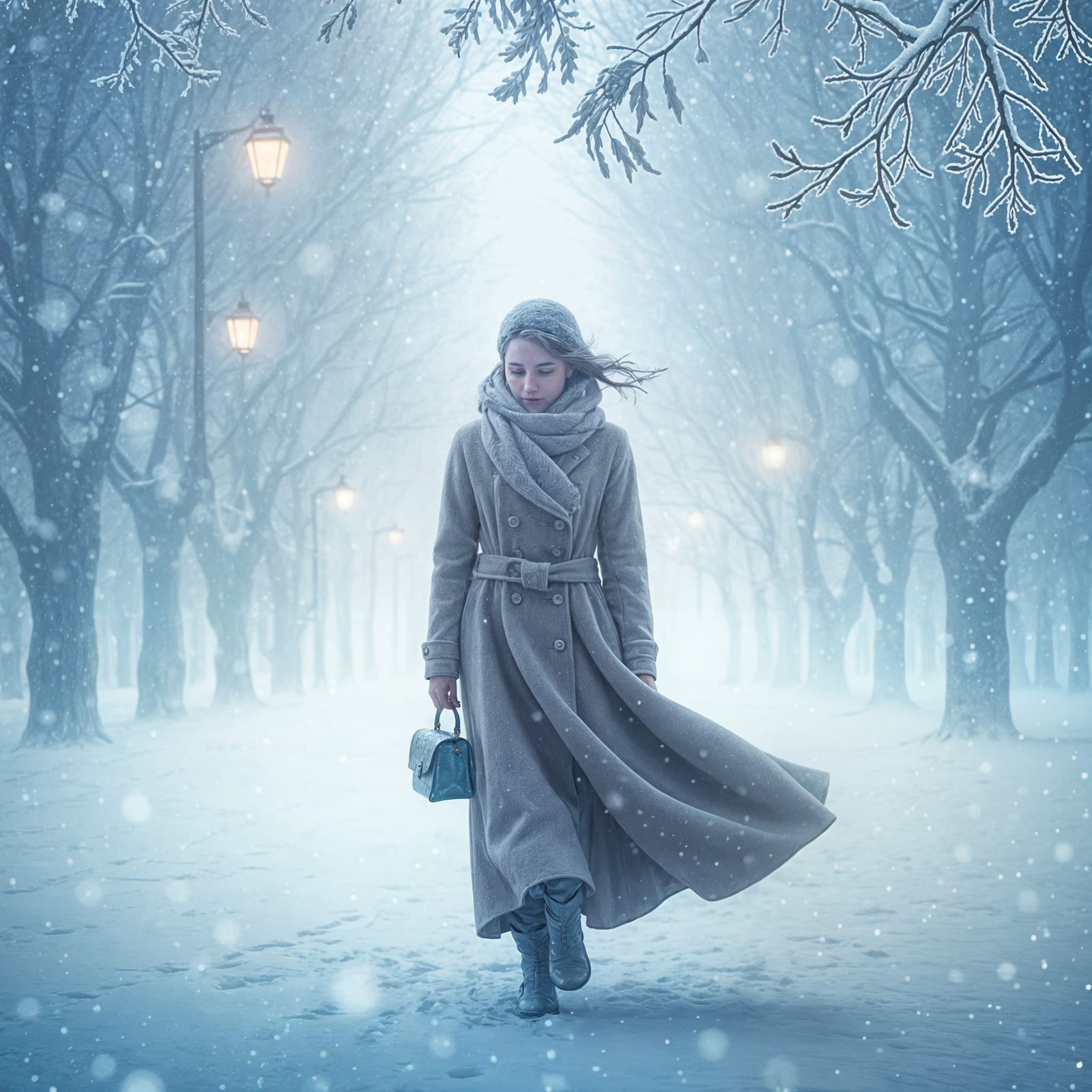 Woman Walking in Winter Snowstorm, Ethereal Lighting