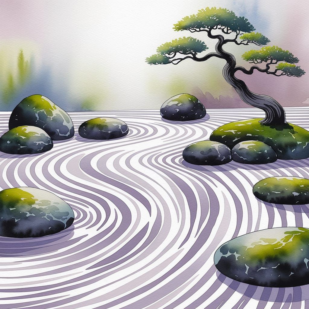 Tranquil Zen Garden with Bonsai in Watercolor Style