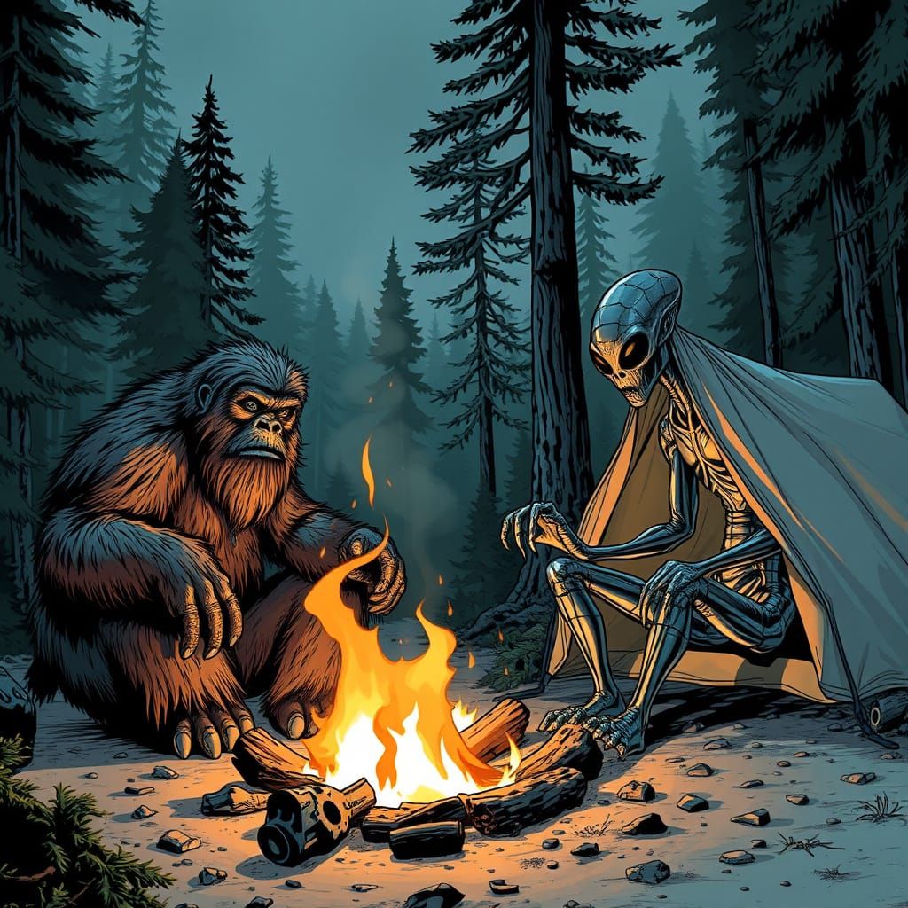 Bigfoot and Alien Campfire Encounter in Comic Book Style
