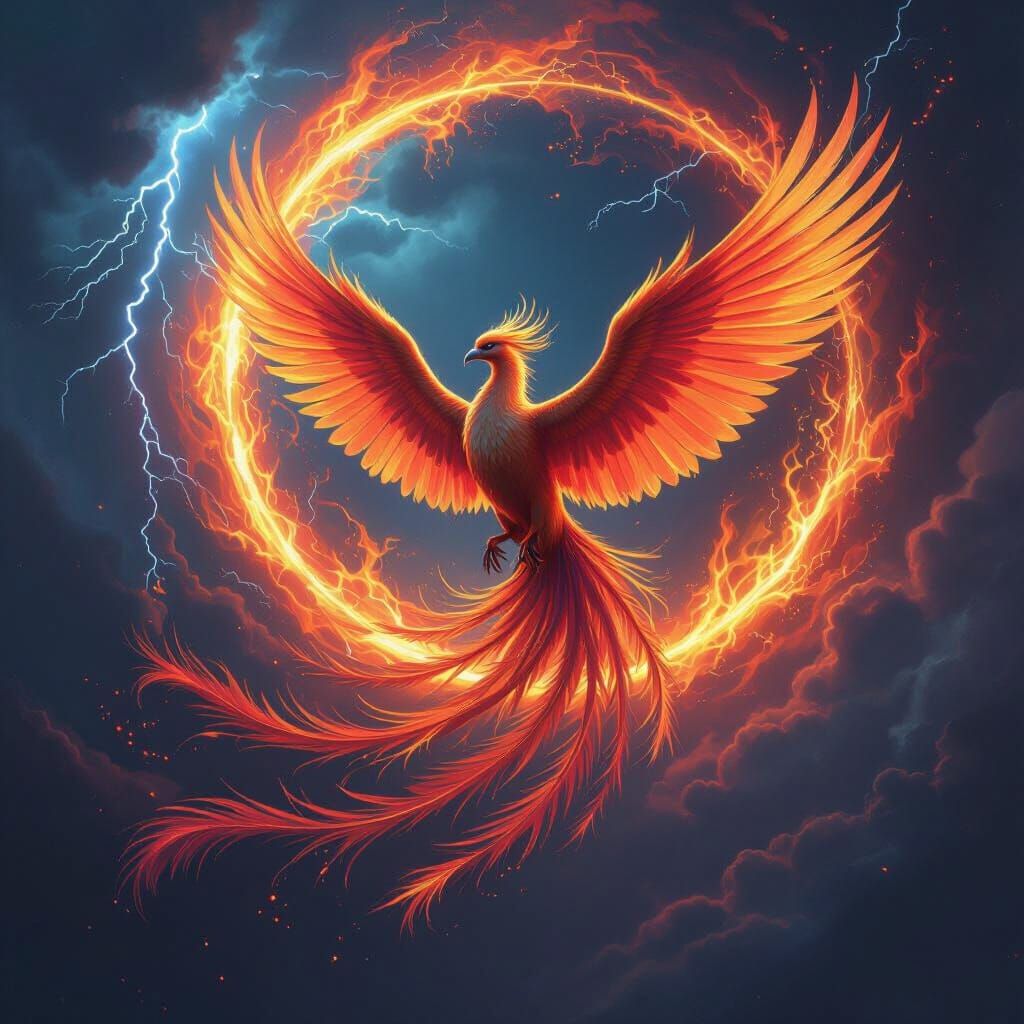 Iridescent Phoenix Ascending from Fiery Vortex