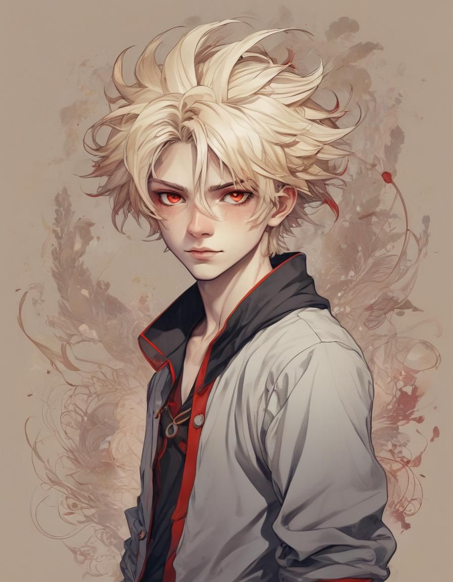 Animecore Boy Portrait with Blond Hair and Red Eyes