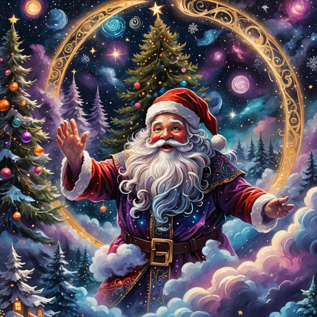 Surrealistic Cosmic Santa Claus in Starry Night Sky with Maj...