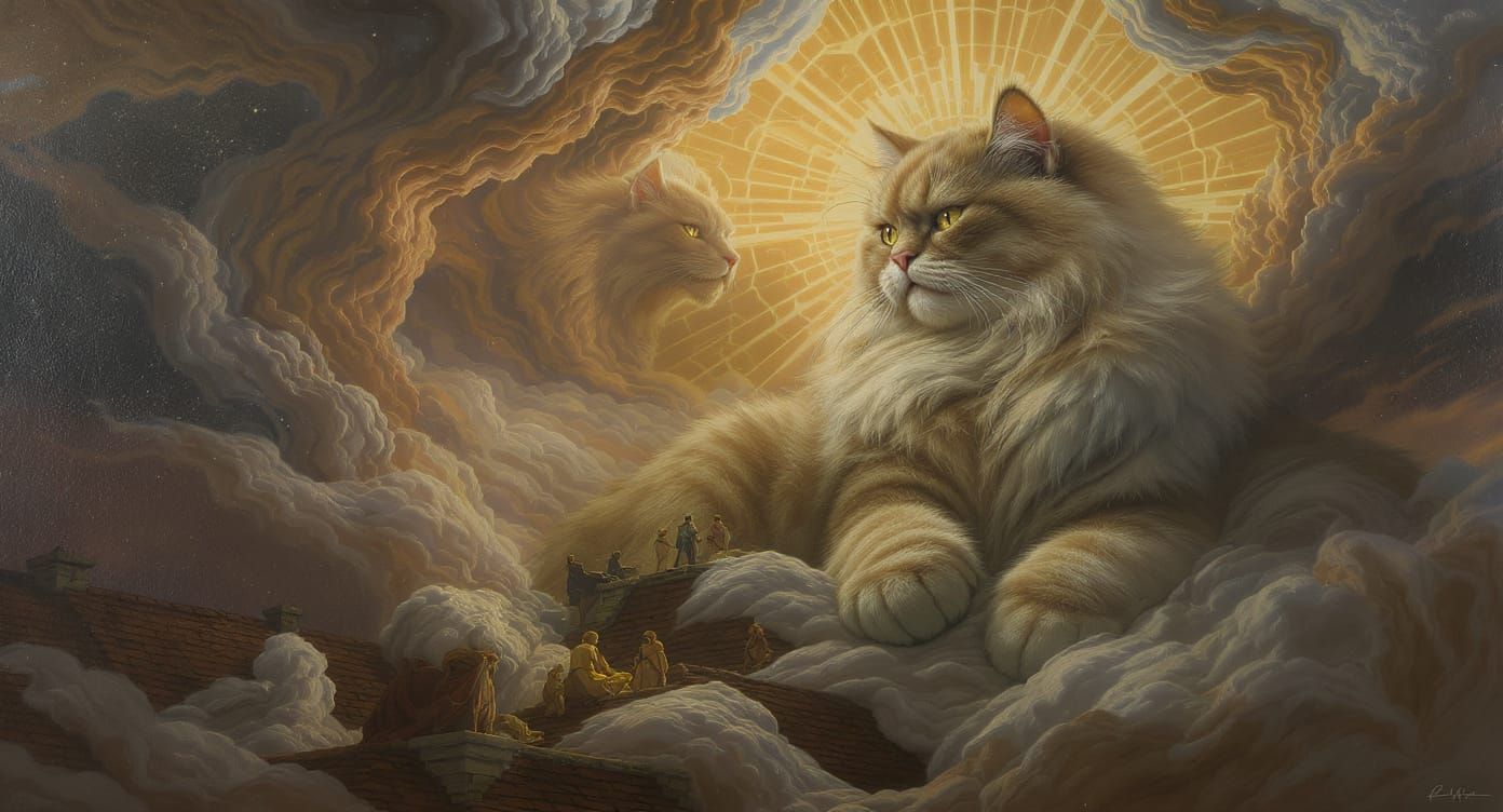 Majestic Cats Ascend in Renaissance Fresco Style