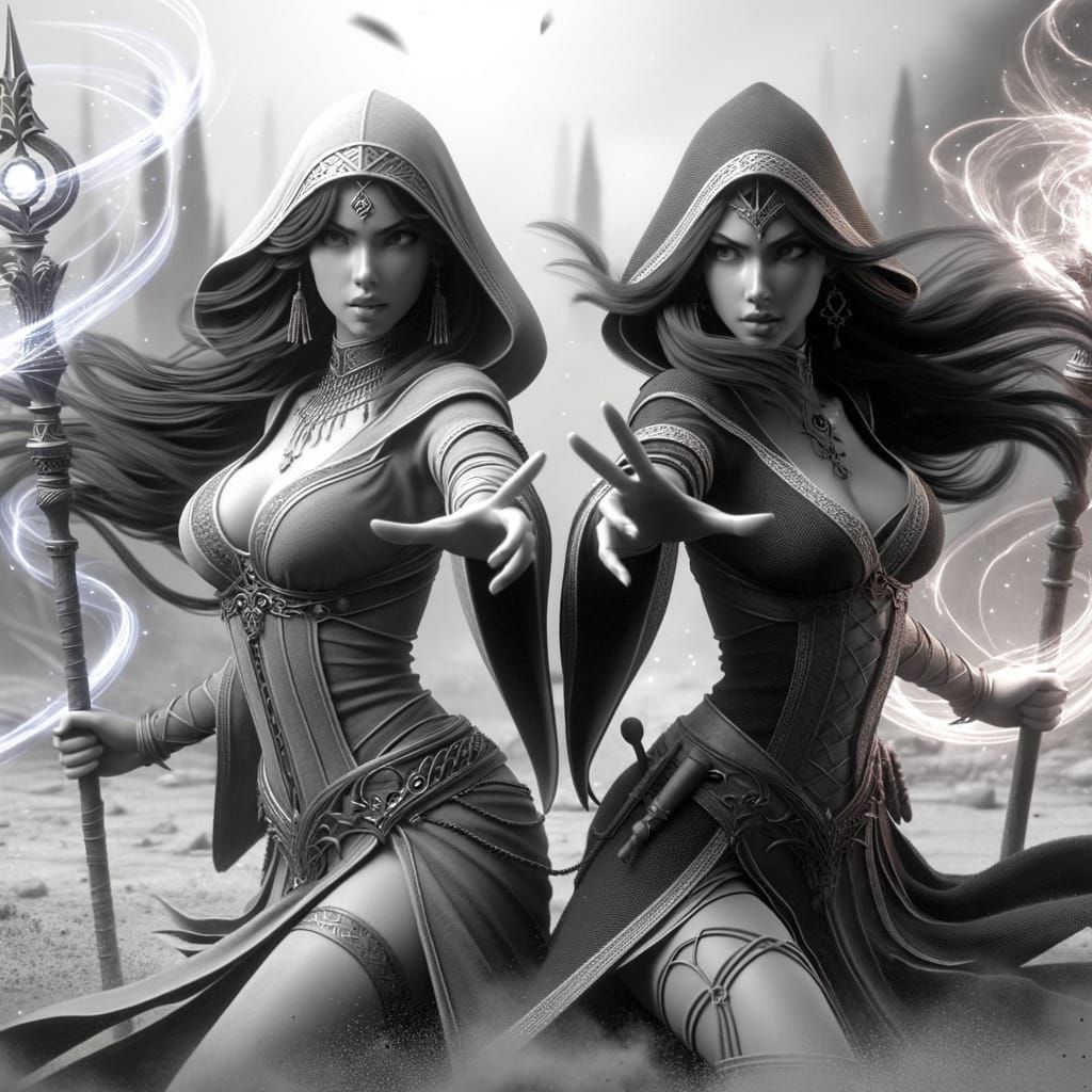 Sorceress Duel: Grayscale Magic in 3D Animation