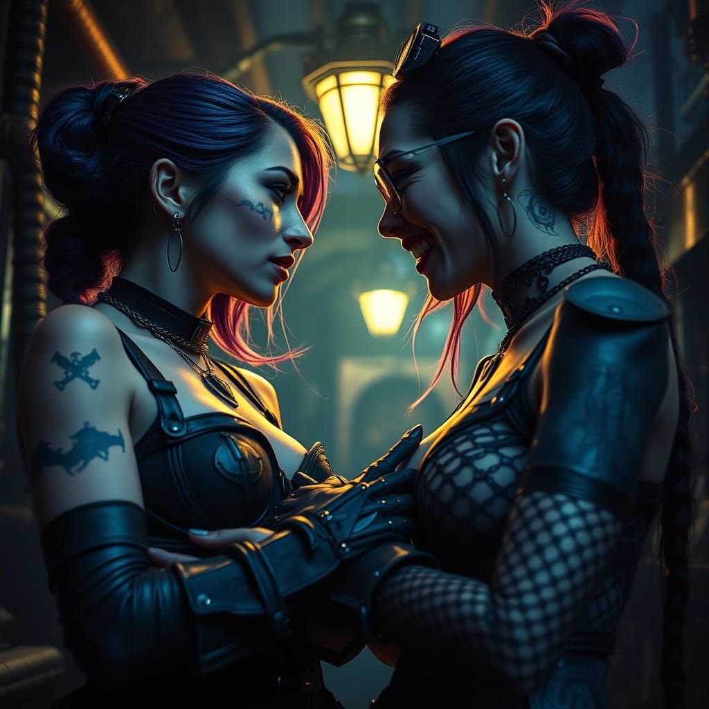 Steampunk Sisters Lock Gaze Amidst Industrial Decay