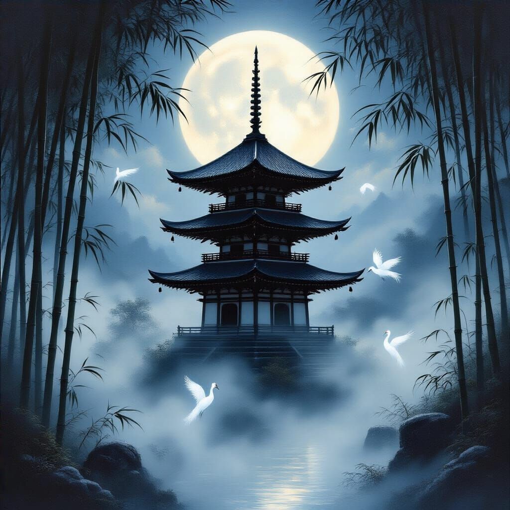 Serene Japanese Pagoda Under Full Moon in Ethereal Mist