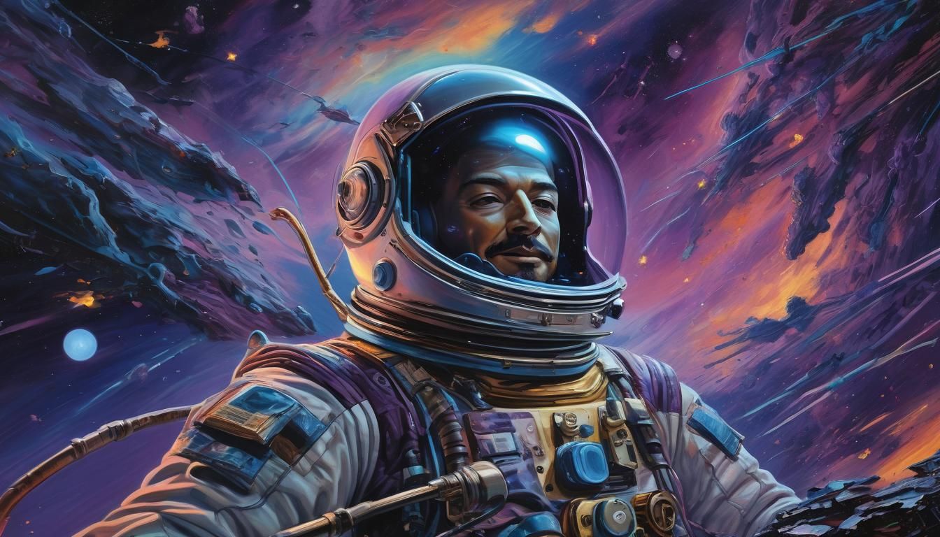 Astronaut in Spaceship During Meteor Storm as Surreal Oil Pa...