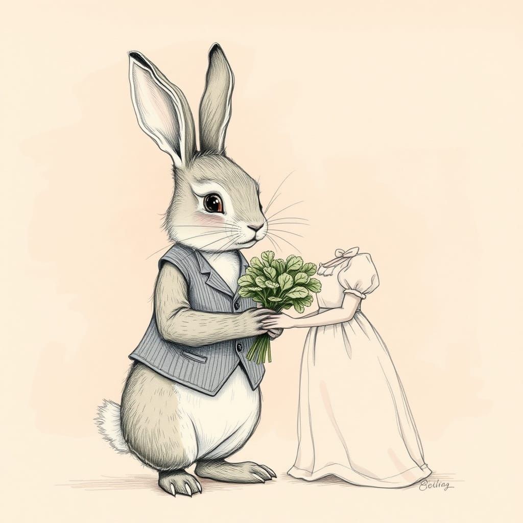 Victorian Bunny Gives Spinach Bouquet: Detailed Sketch