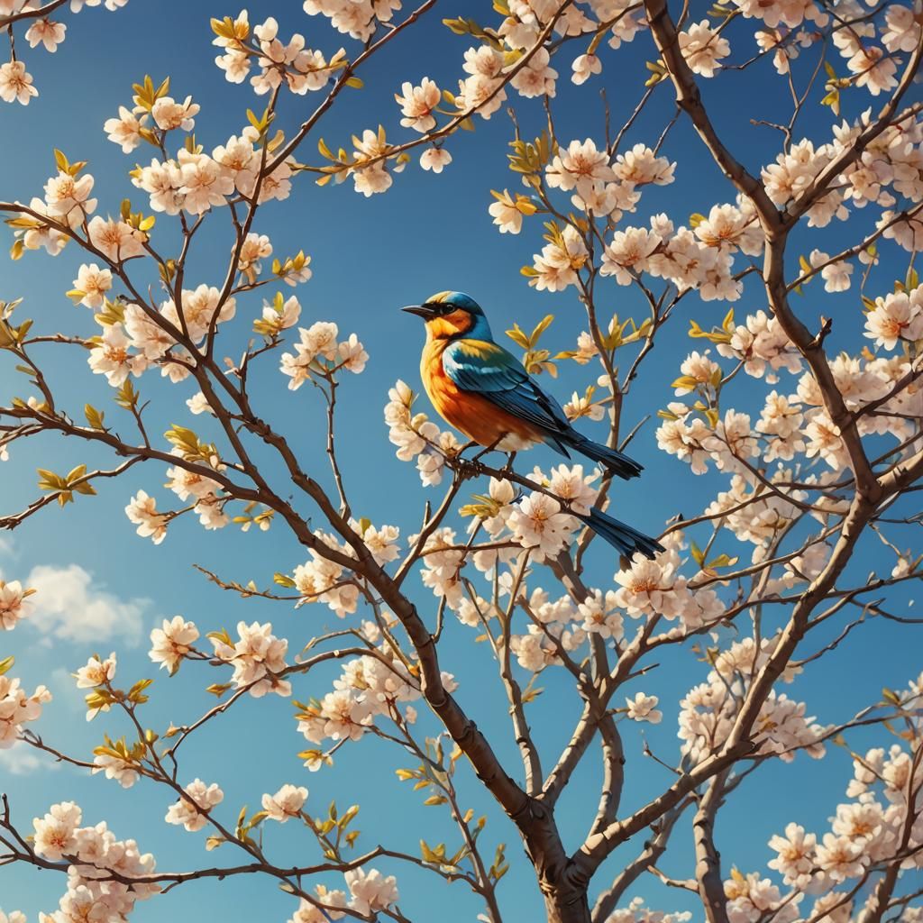 Colorful Spring Tree Bird in Art Nouveau Style