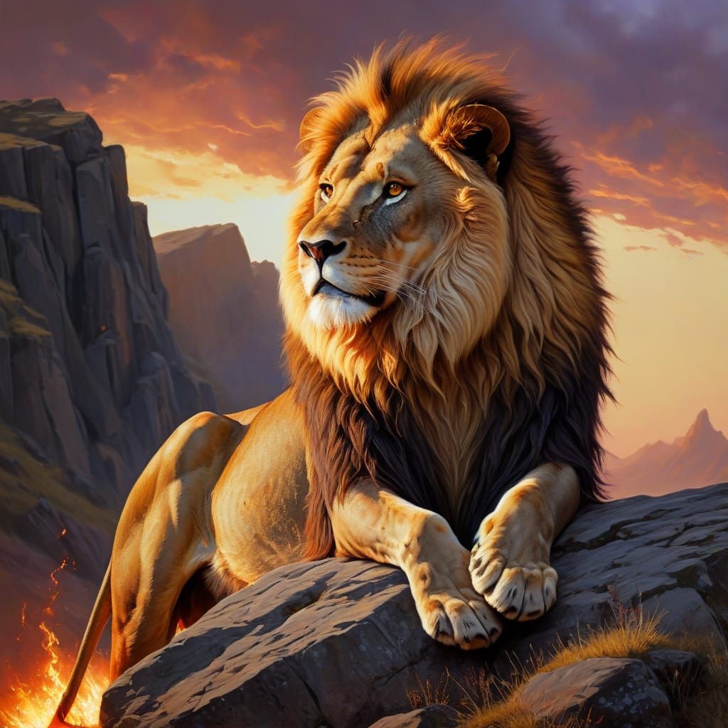 Lion with Fiery Mane, Classical Oil Painting