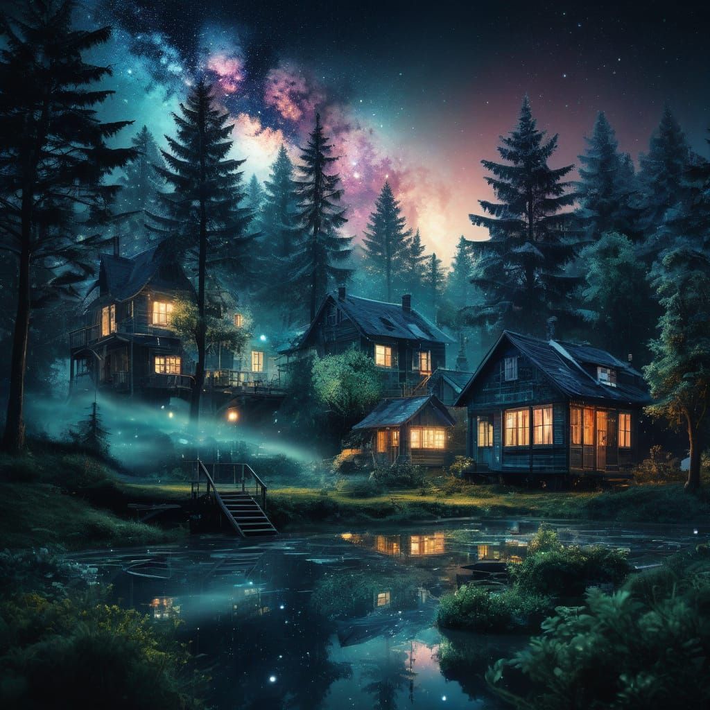 Cosmic Surrealism: Galaxy Spills into Moonlit World